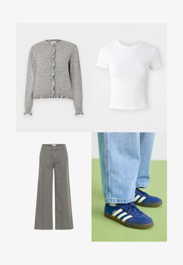 Cardigan gris en tricot avec un col rond, une patte de boutonnage à bords festonnés, et des poignets volantés. Il présente de petits boutons roses et un ourlet côtelé.; T-shirt courte à manches courtes, blanche, avec un col rond, présentée sur un fond neutre et lumineux.; Pantalons large à rayures noires et blanches avec une taille haute, présentant des passants de ceinture et une texture lisse. Convient pour une tenue décontractée ou formelle.; Baskets en daim bleu avec des rayures blanches et des motifs texturés, portées avec un pantalon en denim bleu clair, sur fond vert.