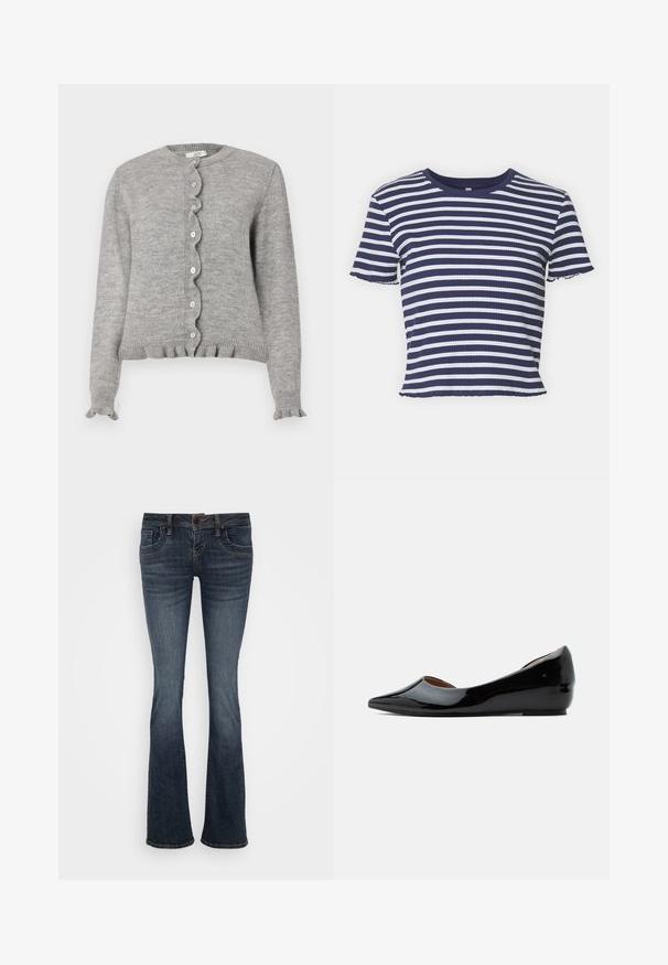 Hallide hall cardigan ümarate kaelustega, lainelise nööbiviiliga ja volangmanžettidega. Omab väikseid roosade nööpe ja soonikserva.; ONLY ONLMETTI BOX - Trükipildiga T-särk - cloud dancer/clear sky; Tumedate sinised laiad teksad, keskmise kõrglaiusega vöökoht, viie taskuga ja peente õmblusdetailidega. Valmistatud siledast denimist.; Mustast lakknahast tasane king, millel on terav nina ja madal kiilkonts, näidatud küljelt tavalise tausta peal.