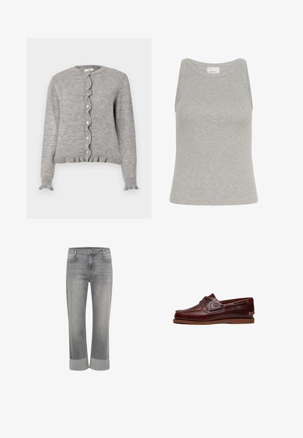 Cardigan gris en tricot avec un col rond, une patte de boutonnage à bords festonnés, et des poignets volantés. Il présente de petits boutons roses et un ourlet côtelé.; Débardeur gris côtelé avec un col rond et un design sans manches. Fabriqué en tissu doux, il présente une silhouette ajustée et des coutures minimales.; Jean en denim gris au design droit, avec un ourlet replié. Style classique à cinq poches et fermeture avant à bouton.; Chaussure bateau en cuir marron avec lacets, détails de couture et logo Timberland sur le côté, présentée sur un fond blanc.
