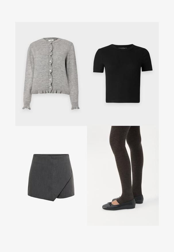 Cardigan gris en tricot avec un col rond, une patte de boutonnage à bords festonnés, et des poignets volantés. Il présente de petits boutons roses et un ourlet côtelé.; T-shirt noir ajusté à manches courtes, texture côtelée et col rond. Design simple, sans logo ni ornement visible.; Jupe courte grise avec un design croisé, en tissu lisse et texturé. Coupe ajustée avec un ourlet angulé et des bords nets.; Jambes portant des leggings côtelés foncés associés à des ballerines noires avec de petits détails en nœud sur fond blanc.