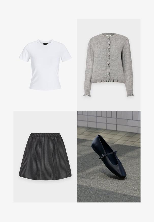 Grå strikket cardigan med rund halsudskæring, bølget knapstolpe og flæseærmer. Har små lyserøde knapper og ribbet kant.; Hvid tætsiddende t-shirt med korte ærmer, rund halsudskæring og et lille sort mærke indeni kraven.; Sorte stribede nederdel med elastisk talje, har lodrette hvide pinstriber, svajet design og glat tekstur. Velegnet til afslappet brug.; Sort læder Mary Jane flad sko med en lille spænde rem, placeret på en grå asfalt overflade nær en flisebelagt væg.