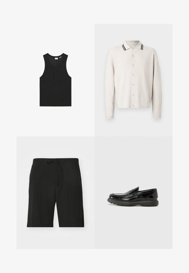 Lysbeige cardigan med krave, featuring et struktureret ribbet mønster, sorte stribede krave-accenter og frontknapper.; Sort tanktop med et tekstureret mønster, uden ærmer og rund halsudskæring. Fremstillet af let strikmateriale.; Sorte linnedbukser med snor i taljen, der har en afslappet pasform og et knælangt design. Glat tekstur, simple og klassiske stil.; Sort læderloafer med en blank finish, rund tå, subtile syninger og en tyk gummisål for holdbarhed.
