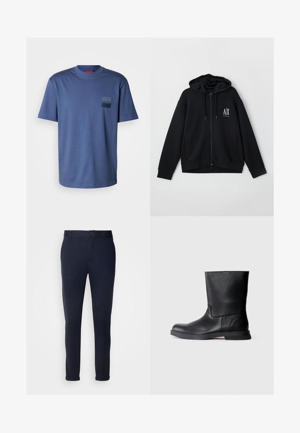 Schwarze Zip-Hoodie aus weichem Stoff, mit gefütterter Kapuze, zwei Fronttaschen und einem kleinen weißen Logo auf der linken Brust.; Blaues kurzärmliges T-Shirt aus weicher Baumwolle, mit einer quadratischen Tasche und einem dunkelblauen Logo. Klassisches Rundhalsdesign.; Marineblaue Hose aus weichem Stoff, mit Knopfverschluss, Gürtelschlaufen und umgeschlagenen Säumen. Glatte Textur mit tailliertem Design.; Schwarze Leder-Ankle-Boots mit strukturierter Oberfläche, runder Zehenform und flacher Gummisohle. Einfaches Design ohne sichtbare Beschläge oder Verzierung.