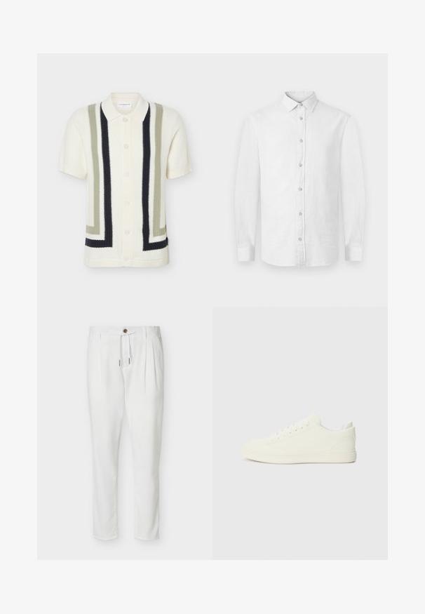 Short-sleeve white knit cardigan with cream, olive, and black geometric vertical stripes and front buttons, featuring a classic collar.; White long-sleeve button-up shirt with a collar, displayed flat against a light background.; White tailored pants with front pleats, a brown button, and a drawstring waist, displayed on a plain background.; White sneakers featuring a smooth textured upper, round toe, and traditional lacing, with a minimalistic design and rubber sole.