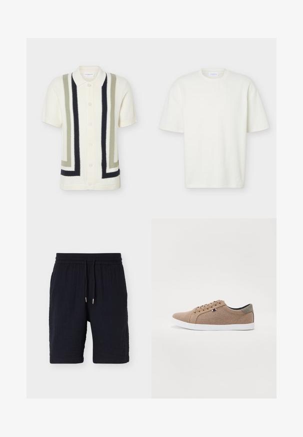 Cardigan blanc à manches courtes en maille avec des rayures géométriques verticales crème, olive et noir et des boutons sur le devant, avec un col classique.; T-shirt blanc texturé à manches courtes, col rond, coupe régulière et petite étiquette de marque à l'intérieur du col.; Shorts décontractés noirs texturés avec taille élastique et cordons, longueur genou, présentés sur un fond clair uni.; Baskets en toile beige avec un design basse, semelle en caoutchouc blanc et lacets ronds. Présente un accent de talon gris contrastant et un détail de logo.