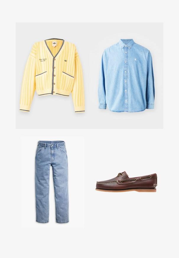 Chaqueta de punto amarilla con rayas verticales, escote en V, cierre de botones, dos bolsillos delanteros y detalles en ribete azul marino. Logotipo bordado en el pecho.; Camisa de mezclilla azul claro, con botones y mangas largas, cuello puntiagudo y un pequeño logotipo en el lado izquierdo del pecho. Presenta un corte relajado y un diseño clásico.; Vaqueros de mezclilla azul claro de pierna recta con cierre frontal de botón y cremallera, trabillas para cinturón y bolsillos delanteros inclinados.; Zapato náutico de cuero marrón con costuras blancas, detalles de cordones y suela de goma color coñac, mostrado de lado sobre un fondo blanco.