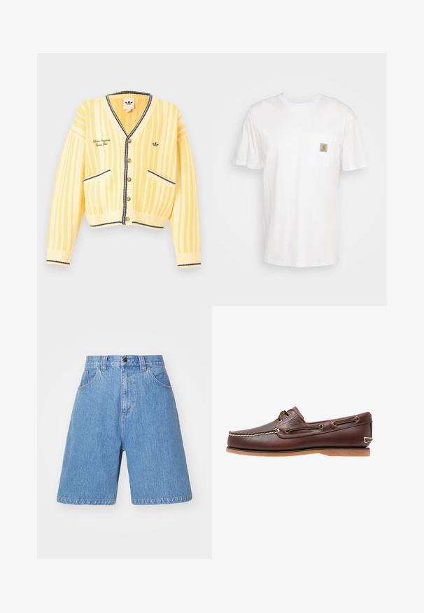 Gul strikket cardigan med lodrette striber, v-hals, knapper foran, to forlommer og marineblå kantdetaljer. Logo broderet på brystet.; Hvid bomulds T-shirt med korte ærmer, en brystlomme, og et lille firkantet logo patch i orange og hvid på lommen.; Lyseblå denim shorts med løs pasform, høj talje, fem lommer og subtil falmning. Med knaplukning og bæltestropper.; Brun læder bådsko med hvide sømme, snøre detaljer og lysbrun gummisål, vist fra siden på hvid baggrund.