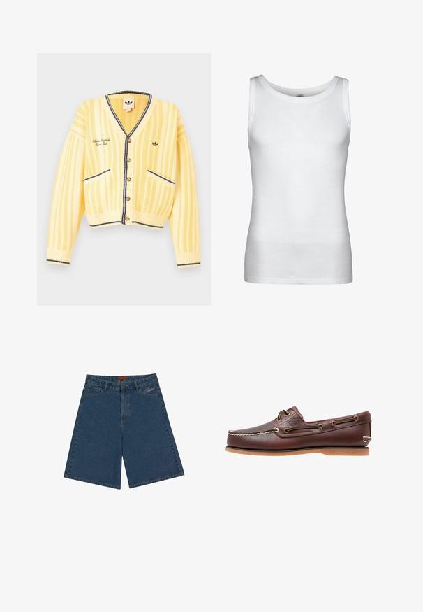 Gul strikket cardigan med lodrette striber, v-hals, knapper foran, to forlommer og marineblå kantdetaljer. Logo broderet på brystet.; Hvid ribbet ærmeløs tanktop med rund halsudskæring og lige kant, vist på en ensfarvet baggrund.; Mørkeblå denimshorts med mid-rise talje, trykknaplukning, forlommer og broderet logo på venstre side.; Brun læder bådsko med hvide sømme, snøre detaljer og lysbrun gummisål, vist fra siden på hvid baggrund.