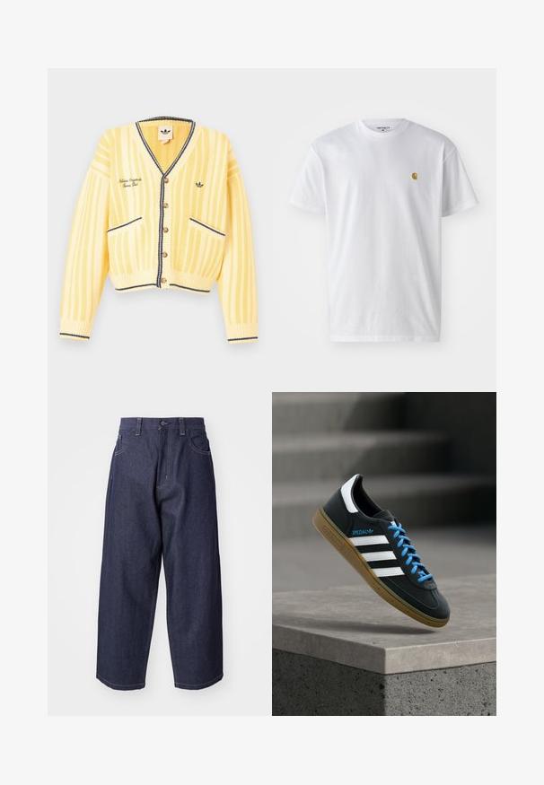 Gul strikket cardigan med lodrette striber, v-hals, knapper foran, to forlommer og marineblå kantdetaljer. Logo broderet på brystet.; Hvid bomulds t-shirt med korte ærmer, rund hals og et lille guld logo på venstre brystområde. Blød tekstur og almindelig pasform.; Mørkeblå denim jeans med en løs, bred ben-design. Funktioner inkluderer en knaplukning, frontlommer og synlige stikninger.; Sort Adidas sneaker med hvide striber, blå snørebånd og gummisål, der svæver over gråt betontrin i blødt lys.