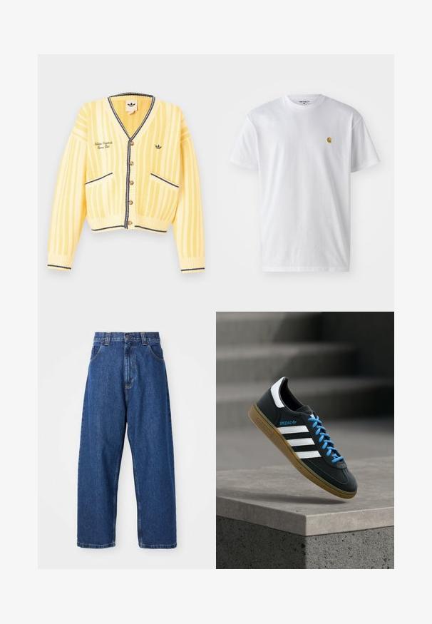 Gul strikket cardigan med lodrette striber, v-hals, knapper foran, to forlommer og marineblå kantdetaljer. Logo broderet på brystet.; Hvid bomulds t-shirt med korte ærmer, rund hals og et lille guld logo på venstre brystområde. Blød tekstur og almindelig pasform.; Denimwide-leg jeans i mørkeblå. Har høj talje, bæltestropper og klassisk fem-lommers design. Syet kant med en ren finish.; Sort Adidas sneaker med hvide striber, blå snørebånd og gummisål, der svæver over gråt betontrin i blødt lys.