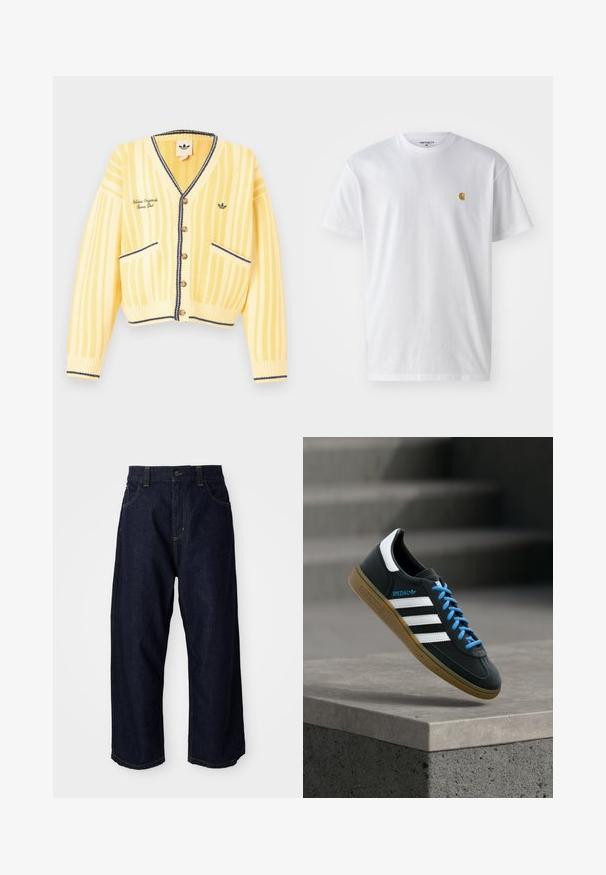 Gul strikket cardigan med lodrette striber, v-hals, knapper foran, to forlommer og marineblå kantdetaljer. Logo broderet på brystet.; Hvid bomulds t-shirt med korte ærmer, rund hals og et lille guld logo på venstre brystområde. Blød tekstur og almindelig pasform.; Mørkeblå denimbukser med en afslappet pasform, der har en knapclosure, bæltestropper og gule syninger på lommer og sømme.; Sort Adidas sneaker med hvide striber, blå snørebånd og gummisål, der svæver over gråt betontrin i blødt lys.