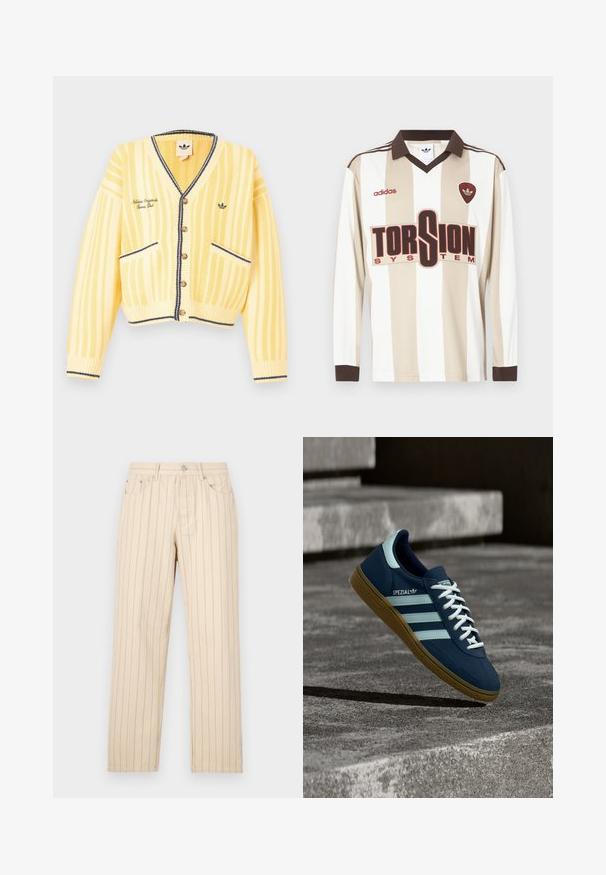 Gul strikket cardigan med lodrette striber, v-hals, knapper foran, to forlommer og marineblå kantdetaljer. Logo broderet på brystet.; Langærmet beige og hvidstribet fodboldtrøje; har brun krave og ærmekanter, stort rødt "TORSION SYSTEM" logo og adidas-mærkning.; Beige lige ben bukser med lodrette striber, der har knaplukning, bælteløkker og sidelommer. Stoffet har en glat overflade.; Blå Adidas Spezial sneaker med hvide striber og snørebånd, gummisål, svævende over en ru betongoverflade og trin i baggrunden.