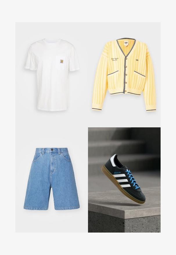 Gul strikket cardigan med lodrette striber, v-hals, knapper foran, to forlommer og marineblå kantdetaljer. Logo broderet på brystet.; Hvid bomulds T-shirt med korte ærmer, en brystlomme, og et lille firkantet logo patch i orange og hvid på lommen.; Lyseblå denim shorts med løs pasform, høj talje, fem lommer og subtil falmning. Med knaplukning og bæltestropper.; Sort Adidas sneaker med hvide striber, blå snørebånd og gummisål, der svæver over gråt betontrin i blødt lys.