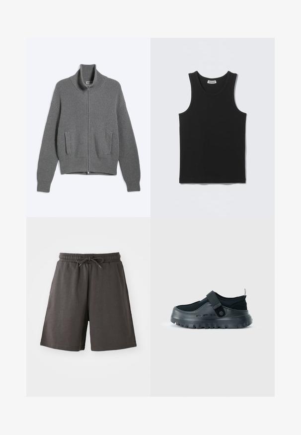 Cardigan gris en tricot avec fermeture éclair, col montant et deux poches à l'avant, posé à plat sur fond blanc.; Débardeur noir sans manches en côtes, col rond et étiquette de la marque Weekday à l'intérieur du col au dos.; Shorts gris foncé en tissu doux, dotés d'une taille élastique, d'un cordon de serrage réglable et d'une coupe au niveau des genoux. Texture lisse, sans motifs.; Chaussure noire à enfiler avec semelle épaisse à crampons, bride réglable sur le dessus et languette à l'arrière du talon.