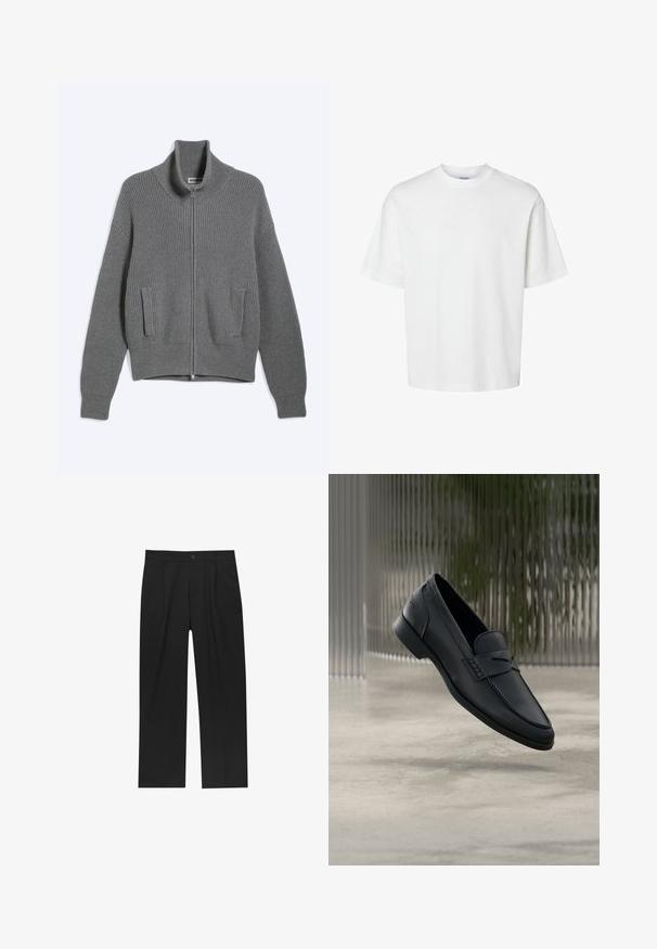Cardigan gris en tricot avec fermeture éclair, col montant et deux poches à l'avant, posé à plat sur fond blanc.; T-shirt blanc uni à manches courtes, col rond et coupe décontractée, présenté sur un fond blanc.; Pantalons noirs au design droit, fabriqués à partir d'un tissu lisse. Dotés de plis sur le devant et d'une fermeture à un bouton à la taille.; Mocassin en cuir noir à finition lisse, bout pointu et détails cousus sur le dessus. Talon bas et design minimaliste.
