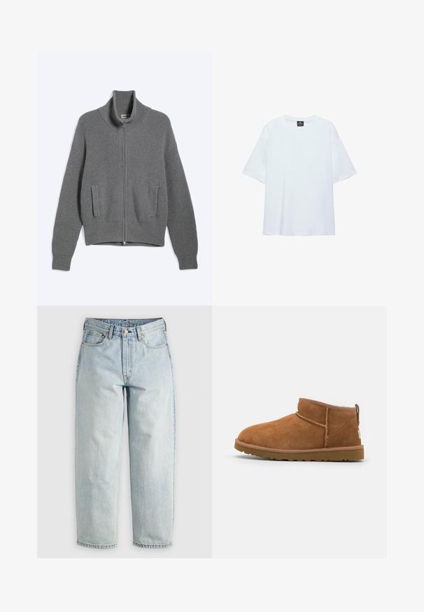 Grijze gebreide vest met ritssluiting, hoge kraag en twee voorzakken, plat liggend op een witte achtergrond.; Effen witte oversized T-shirt met korte mouwen, ronde halslijn en een zwart label aan de binnenkant van de kraag, op een witte achtergrond.; Lichtblauwe denim jeans met een rechtBeen, vijf zakken en een knoopsluiting; heeft vervaagde gebieden en subtiele stikdetails.; Tan suède enkellaars met een ronde neus, subtiele stiksels en een gestructureerde rubberen zool. Korte hoogte zonder veters.