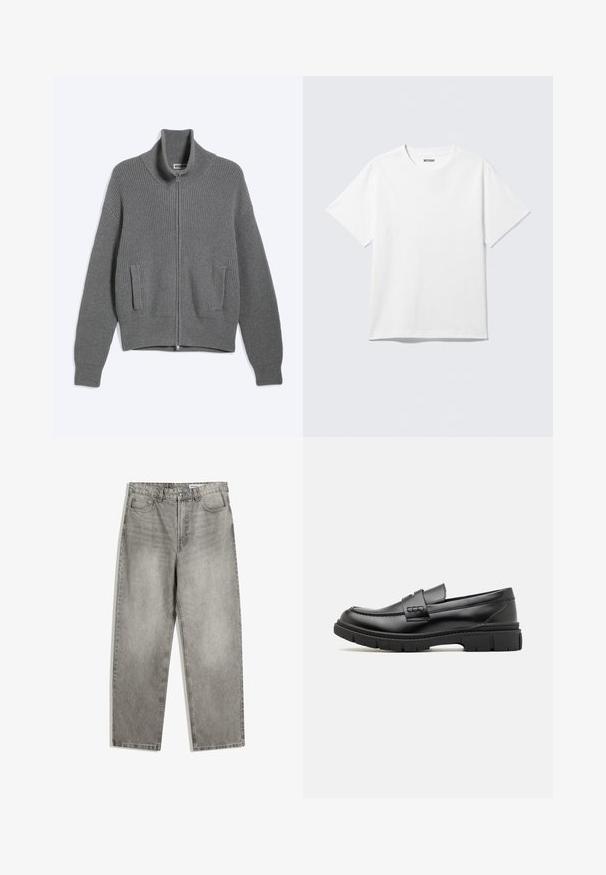 Grå strikket cardigan med lynlås, høj krave og to forlommer, lagt fladt på en hvid baggrund.; Hvid kortærmet crewneck T-shirt lagt fladt ud, ensfarvet design, med "WEEKDAY" mærkat inde i kraven på en lys baggrund.; Grå denimbukser med lige ben, der har forlommer, en knaplukning og en subtil falmet tekstur.; Sort læder loafersko med en bred rem over forfoden, gummisål med tykke mønstre og glat overflade. Klassisk, slankt design.