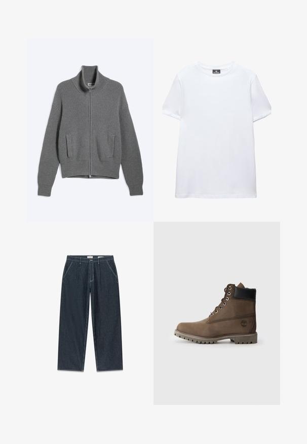 Graue, gestrickte Zip-Up-Strickjacke mit hohem Kragen und zwei Fronttaschen, flach auf weißem Hintergrund ausgelegt.; Einfaches weißes T-Shirt mit kurzen Ärmeln und Rundhalsausschnitt mit einem schwarzen Pull&Bear-Etikett innen am Kragen, abgebildet auf weißem Hintergrund.; Dunkelblaue, weit geschnittene Hosen mit vertikalen Streifen, Reißverschluss- und Knopfverschluss, vier Taschen und kontrastierenden weißen Nähten.; Braune Leder-Stiefelette mit schwarzem Kragen, Metallösen und robustem grauen Sohlen. Verfügt über ein Logo an der Seite und genähten Details.