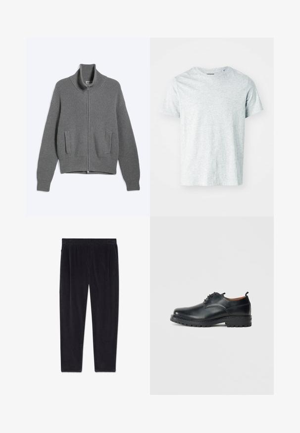 Cardigan gris en tricot avec fermeture éclair, col montant et deux poches à l'avant, posé à plat sur fond blanc.; T-shirt gris clair à manches courtes en tissu doux, avec un col rond et une coupe légèrement décontractée. Aucun motif ou graphique visible.; Pantalon en velours côtelé noir avec une ceinture élastique et des poches latérales, présenté à plat sur un fond blanc.; Chaussures derby en cuir noir avec une texture lisse, bout rond, design à lacets et une semelle en caoutchouc épaisse et robuste.