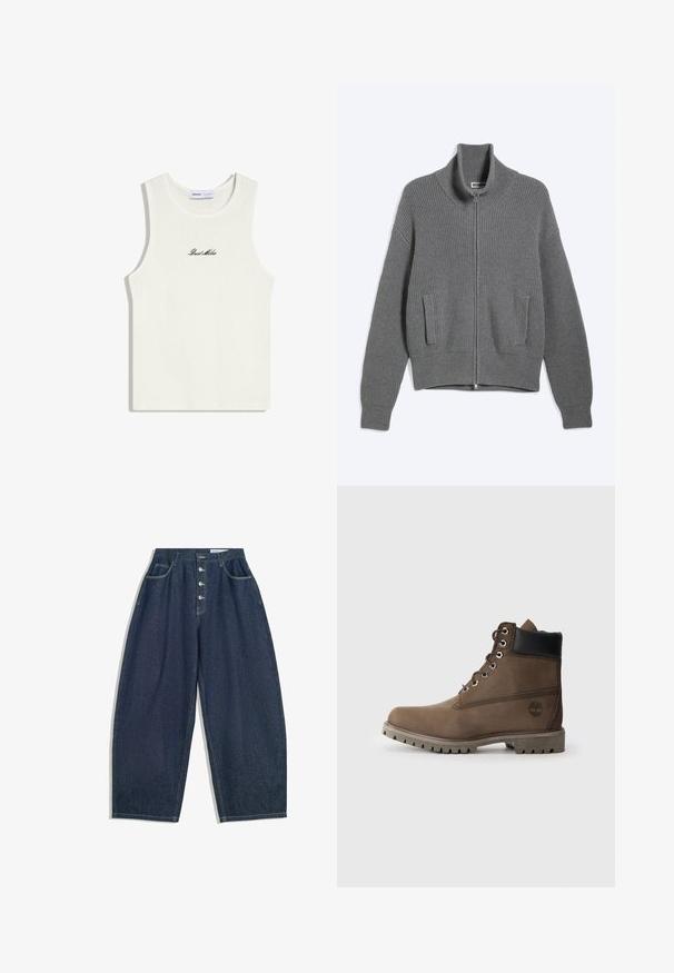 Cardigan gris en tricot avec fermeture éclair, col montant et deux poches à l'avant, posé à plat sur fond blanc.; Haut blanc sans manches en côtes avec encolure ronde et texte cursif noir « Dust Miles » centré sur la poitrine.; Pantalons en denim bleu foncé à jambes larges avec une taille haute, fermeture à cinq boutons et cinq poches. Présente des accents de couture sur les coutures.; Bottines en cuir marron avec un col noir, œillets en métal et semelle grise robuste. Comprend un logo sur le côté et des détails cousus.