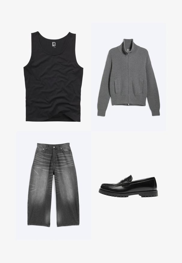 Grijze gebreide vest met ritssluiting, hoge kraag en twee voorzakken, plat liggend op een witte achtergrond.; Zwarte tanktop van gladde stof, met een ronde halslijn en armsgaten, met een effen ontwerp en zonder zichtbare patronen of accenten.; Wijde uitlopende vervaagde zwarte denim jeans met voorzakken en knoopsluiting, plat uitgespreid op een lichte achtergrond.; Zwarte leren loafer met een dikke rubberen zool en klassieke penny-strap details, gezien vanaf de buitenkant.