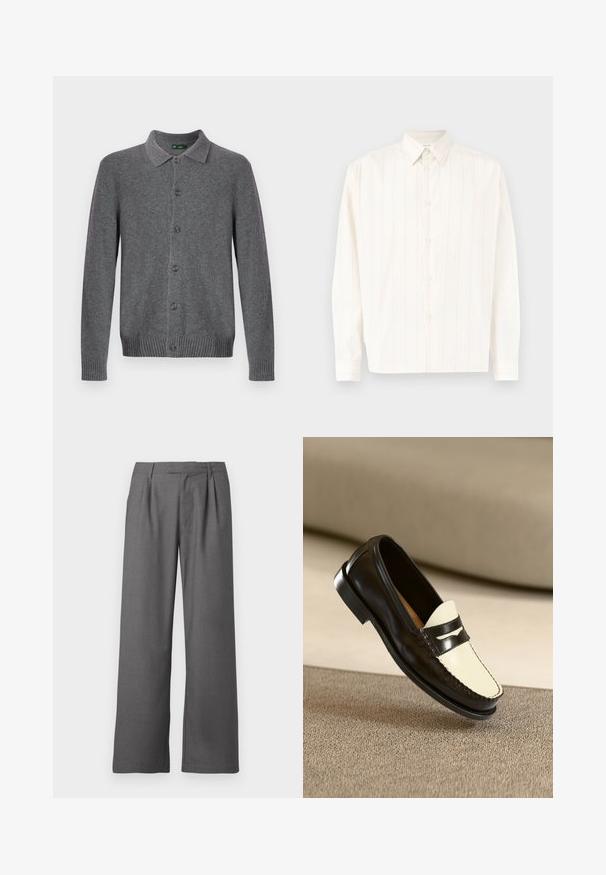 Grå strikket cardigan med krave, knaplukning foran og ribstrikkede manchetter og kant. Fremstillet af blødt, tekstureret materiale.; Hvid langærmet skjorte med knapper og diskrete lodrette striber samt en spids krave, lagt fladt mod en lys baggrund.; Grå vide benbukser lavet af glat stof, med en plisseret front, sidelommer og en skrædderlavet talje med bæltestropper.; Sort læderloafer med en cremefarvet vamp og sorte accentstriber, som har en lav hæl og detaljeret syning langs kanterne.