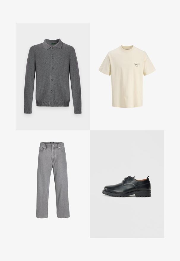 Grijze gebreide cardigan met een kraag, knoopsluiting aan de voorkant en geribbelde manchetten en zoom. Gemaakt van zacht, gestructureerd materiaal.; Crèmekleurig T-shirt met korte mouwen en kleine zwarte tekst en afbeelding op de linkerborst met de tekst "The Weekend Long Week, Coastline Hotel."; Grijze denim broek met een ontspannen, losse pasvorm. Beschikt over een traditionele vijf-pocket ontwerp en een knoopsluiting bij de tailleband.; Zwarte leren derby schoenen met een gladde textuur, ronde neus, vetersluiting en een dikke, robuuste rubberen zool.