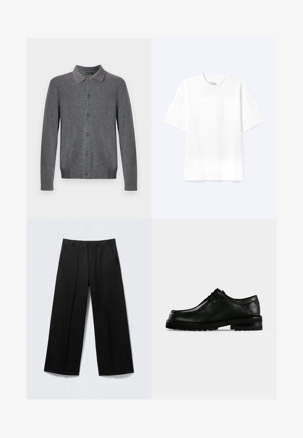 Grå strikket cardigan med krave, knaplukning foran og ribstrikkede manchetter og kant. Fremstillet af blødt, tekstureret materiale.; Enkel hvid T-shirt med korte ærmer og rund hals med afslappet pasform, vist på en lys baggrund.; Sorte vidde-bukser med bæltestropper, forlommer og lynlås foran, vist på en lysegrå baggrund.; Sort læder snøresko med tyk gummisål og moc toe-syning, vist fra venstre side på ensartet lys baggrund.