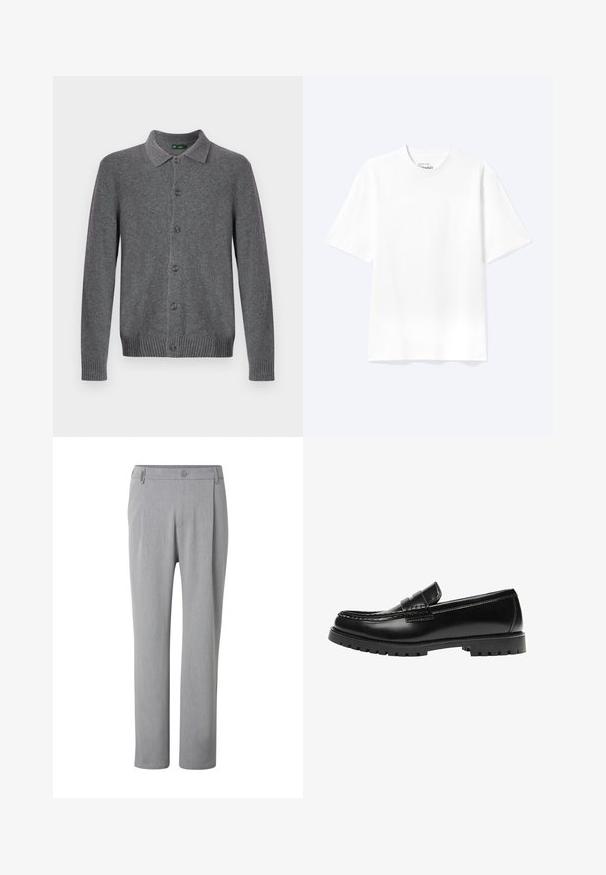 Cardigan gris en maille avec un col à revers, une fermeture boutonnée sur le devant, et des poignets et un ourlet côtelés. Fabriqué dans un matériau doux et texturé.; T-shirt blanc uni à manches courtes et col rond avec une coupe décontractée, présenté sur un fond clair.; Pantalon gris clair à jambes droites avec un bouton et des passants de ceinture, présenté de face sur fond blanc.; Mocassin en cuir noir avec une semelle en caoutchouc épaisse et un détail classique de bride à monnaie, vu de côté extérieur.
