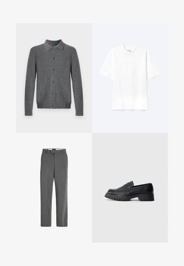 Cardigan gris en maille avec un col à revers, une fermeture boutonnée sur le devant, et des poignets et un ourlet côtelés. Fabriqué dans un matériau doux et texturé.; T-shirt blanc uni à manches courtes et col rond avec une coupe décontractée, présenté sur un fond clair.; Pantalon gris avec une texture lisse, une coupe droite et un motif vertical subtil. Comprend des passants de ceinture et des poches avant et arrière.; Mocassins en cuir noir avec un bout arrondi, présentant une sangle décorative et une semelle en caoutchouc épaisse avec de profonds crampons pour une meilleure adhérence.