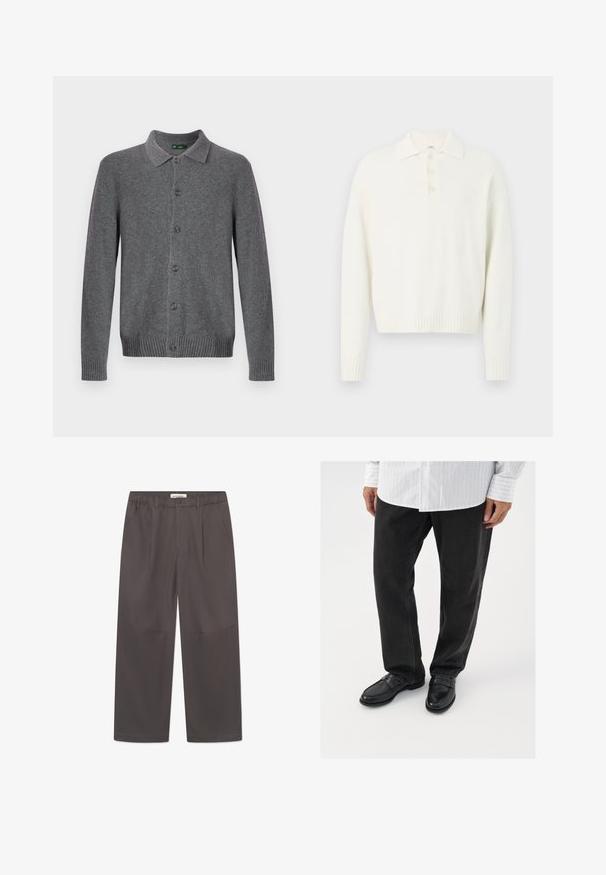 Grå strikket cardigan med krave, knaplukning foran og ribstrikkede manchetter og kant. Fremstillet af blødt, tekstureret materiale.; Hvid pullover sweater med krave, tre knapper foran og ribbede manchetter og kant. Blødt, struktureret stof med en afslappet pasform.; Grå, vide bukser lavet af glat stof, med knaplukning og to sidelommer. Simpelt, rent design uden synlige mønstre.; Sorte denimbukser parret med skinnende sorte loafers. Skjorten er hvid med tynde lodrette striber, har lange ærmer og en knapkrave.