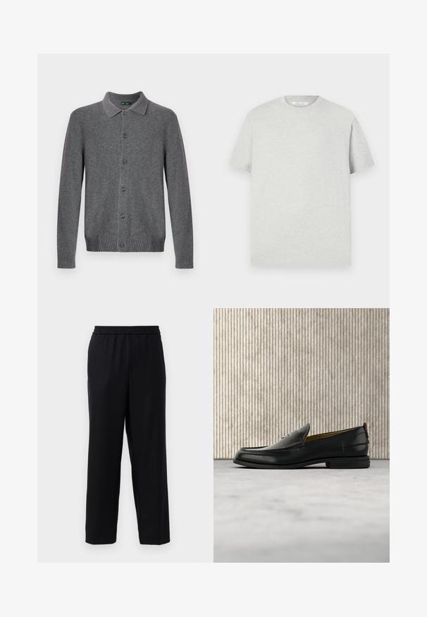 Grijze gebreide cardigan met een kraag, knoopsluiting aan de voorkant en geribbelde manchetten en zoom. Gemaakt van zacht, gestructureerd materiaal.; Lichtgrijze t-shirt met korte mouwen, gemaakt van zachte stof, met een ronde crewneck en een relaxed fit zonder zichtbare patronen of accenten.; Zwarte broek met een elastische tailleband, recht gesneden ontwerp en een gladde, lichte stof. Geen zichtbare zakken of patronen.; Zwarte leren herenslipper met een krokodillen-embossed voorblad en een lage hak, zij-aanzicht op een neutrale achtergrond.