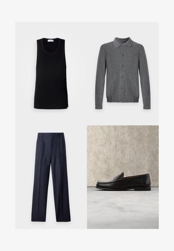 Grå strikket cardigan med krave, knaplukning foran og ribstrikkede manchetter og kant. Fremstillet af blødt, tekstureret materiale.; Sort ærmeløs tanktop lavet af bomuld, med en rund halsudskæring og et enkelt design med en diskret mærkeetiket ved kanten.; Marineblå uldbukser med en skræddersyet pasform, der har plisseret foran og brede ben. Glat tekstur og rene linjer, velegnet til formelle anledninger.; Sort læder penny loafer med lav hæl, rundet tå og syningsdetaljer langs fronten og siderne, vist på neutral baggrund.
