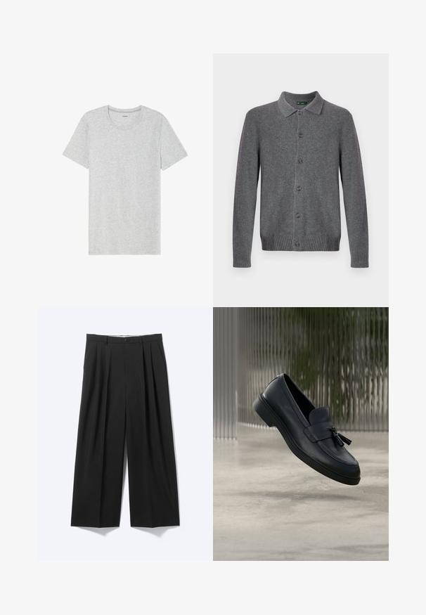 Graue Strickjacke mit Kragen, Knopfleiste vorne sowie gerippten Bündchen und Saum. Hergestellt aus weichem, strukturiertem Material.; Graues kurzärmliges T-Shirt aus einem weichen, leichten Stoff. Gerader Saum, klassisches Rundhalsausschnitt-Design und dezente Melange-Textur.; Schwarze Weithose mit vorderen Falten, Gürtelschlaufen und Knopfverschluss auf schlichtem hellem Hintergrund dargestellt.; Schwarze Leder-Loafer mit glatter Textur, gerundeter Zehenpartie und dekorativen Quasten vorne. Flexible Gummisohle mit niedrigem Absatz.