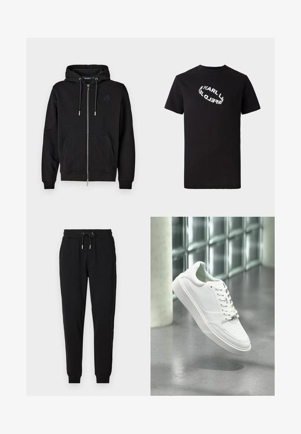 Sudadera con cremallera negra hecha de tejido suave, que cuenta con un bolsillo frontal, cordones y un logo bordado en el lado izquierdo del pecho.; Camiseta de algodón negra con mangas cortas y cuello redondo. Presenta un texto de logo distorsionado en blanco impreso en el frente.; Pantalones deportivos negros con cintura elástica, cordón ajustable, bolsillos laterales y piernas ajustadas. Fabricados con un tejido suave y elástico.; Zapatilla deportiva de cuero blanco con punta redondeada, cierre frontal con cordones y suela plana de goma. Presenta detalles perforados y un sutil acento con el logo.