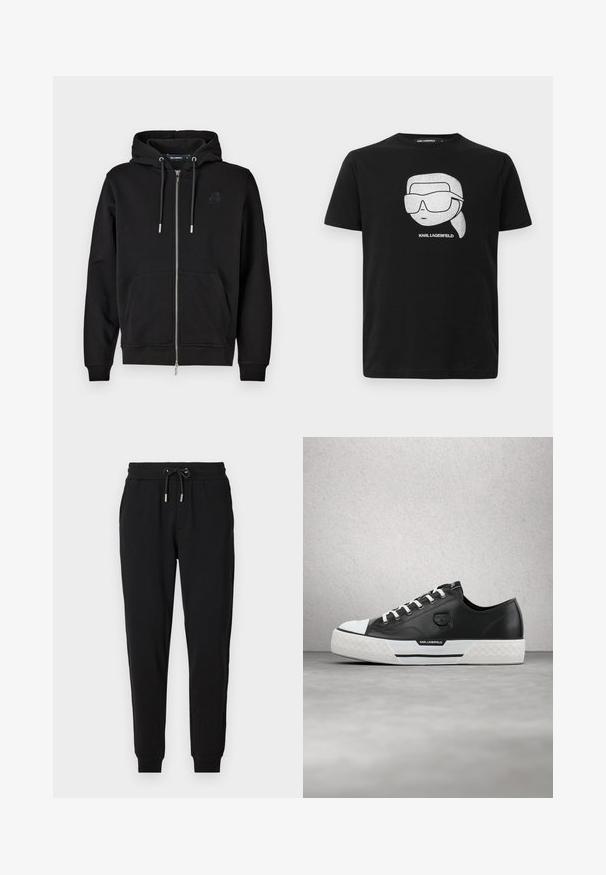 Zwarte rits-hoodie gemaakt van zachte stof, met een voorzak, koordjes en een geborduurd logo op de linkerkant van de borst.; Zwarte katoenen t-shirt met een witte grafiek van een gestileerd personage met grote zonnebrillen, met de tekst "KARL LAGERFELD" onder de afbeelding.; Zwarte joggingsbroek met een elastische tailleband, verstelbare koord, zijzakken en tapered pijpen. Gemaakt van zachte, rekbare stof.; Zwarte leren sneaker met witte accenten, gestructureerde rubberen zool en logo. Heeft traditionele vetersluiting en een afgeronde neus met een onderscheidend ontwerp.