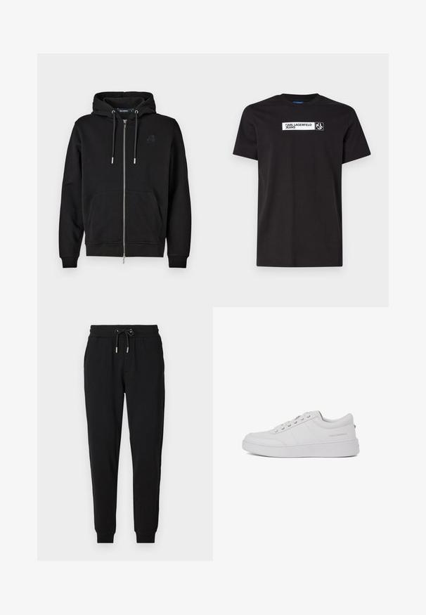 Sort hættejakke med lynlås lavet af blødt stof, med en forlommer, snore og et broderet logo på venstre bryst.; Sort bomulds T-shirt med korte ærmer, der har en hvid tekstgrafik med påskriften "KARL LAGERFELD JEANS" og et logo, rund halsudskæring.; Sorte sweatpants med elastisk talje, justerbar snor, sidelommer og tapered ben. Fremstillet af blødt, strækbart stof.; Hvide lædersneakers med et klassisk lavtop-design, flad sål og subtilt brandlogo på hælen. Har fem metaløjer til snørebånd.