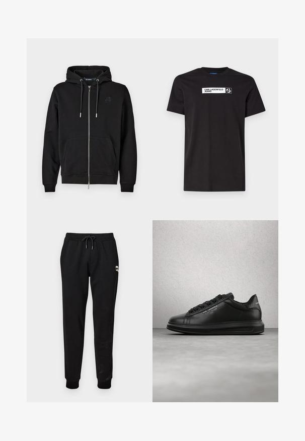 Schwarze Zip-Hoodie aus weichem Stoff mit einer Fronttasche, Kordeln und einem gestickten Logo auf der linken Brust.; Schwarzes Baumwoll-T-Shirt mit kurzen Ärmeln, das ein weißes Textgrafik-Label mit der Aufschrift "KARL LAGERFELD JEANS" und ein Logo aufweist, Rundhalsausschnitt.; Schwarze Sweatpants mit elastischem Bund und verstellbarem Kordelzug. Mit gerippten Bündchen und einem kleinen Grafikdetail am Oberschenkel.; Person trägt schwarze Karl Lagerfeld Sneakers mit schwarzer Hose und steht auf einem Holzdielenboden vor einer weißen vertäfelten Wand.