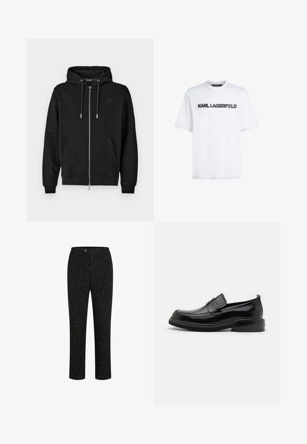 Zwarte rits-hoodie gemaakt van zachte stof, met een voorzak, koordjes en een geborduurd logo op de linkerkant van de borst.; Witte katoenen T-shirt met ronde hals. Voorzien van zwarte geborduurde tekst "KARL LAGERFELD" aan de voorkant en korte mouwen.; Zwarte op maat gemaakte broek met een gestructureerd patroon van dunne verticale witte lijnen, een rechte snit en een knoopsluiting in de taille.; Calvin Klein MOCCASIN - Zakelijke loafers - black