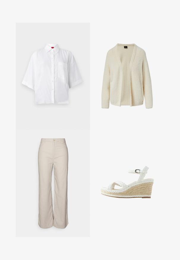 Dlhý rukáv cardigan z mäkkého, nadýchaného krémového materiálu; otvorený predný design; minimálne švy; žiadne zapínanie; jemný detail značky na leme.; Biela krátka košeľa s krátkymi rukávmi, gombíkmi a golierom, s jednou náprsní kapsou. Textília sa zdá byť ľahká s mierne štruktúrovaným povrchom.; Béžové ľanové nohavice so širokými nohavicami, s gombíkovým zapínaním, bočnými vreckami a hladkou textúrou, s uvoľneným strihom a čistými líniami.; Biela pletená kožená klinová sandála s pásikom okolo členka a prackou, s prírodnou podrážkou omotanou šnúrou.