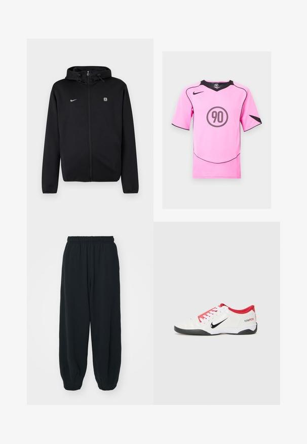 Schwarzer Hoodie mit Reißverschluss und Kordelzugkapuze, Nike-Logo auf der linken Brustseite und ein kleines quadratisches Emblem auf der rechten Brustseite.; Rosa Nike Fußballtrikot mit schwarzen Akzenten und einem runden "90" Logo in der Mitte. Kurze Ärmel, V-Ausschnitt und Mesh-Details an den Seiten.; Schwarze Sweatpants mit elastischem Bund, lockerer Passform, gerippten Beinabschlüssen, glatter Textur und ohne sichtbare Muster oder Hardware-Akzente.; Weißer Sportschuh mit roten Akzenten, schwarzem Swoosh-Logo und strukturiertem Design. Mit weißen Schnürsenkeln und schwarzem Außensohle. Text lautet "total90."