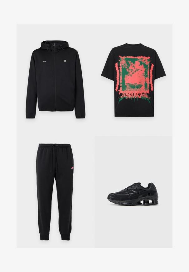 Sort lynlåshoodie med snøre på hætten, Nike-logo på venstre bryst og et lille firkantet emblem på højre bryst.; Sort T-shirt med abstrakt grønt og pink sprøjtet firkantdesign og forvrænget tekst nederst i midten.; Sorte svedbukser lavet af blødt stof med elastisk talje, justerbar snøre og et lille pink Nike-logo på venstre side.; Sort atletiksko med mesh-overdel, polstret krave og markant støddæmpningsteknologi ved hælen. Har teksturerede detaljer og snørebånd.