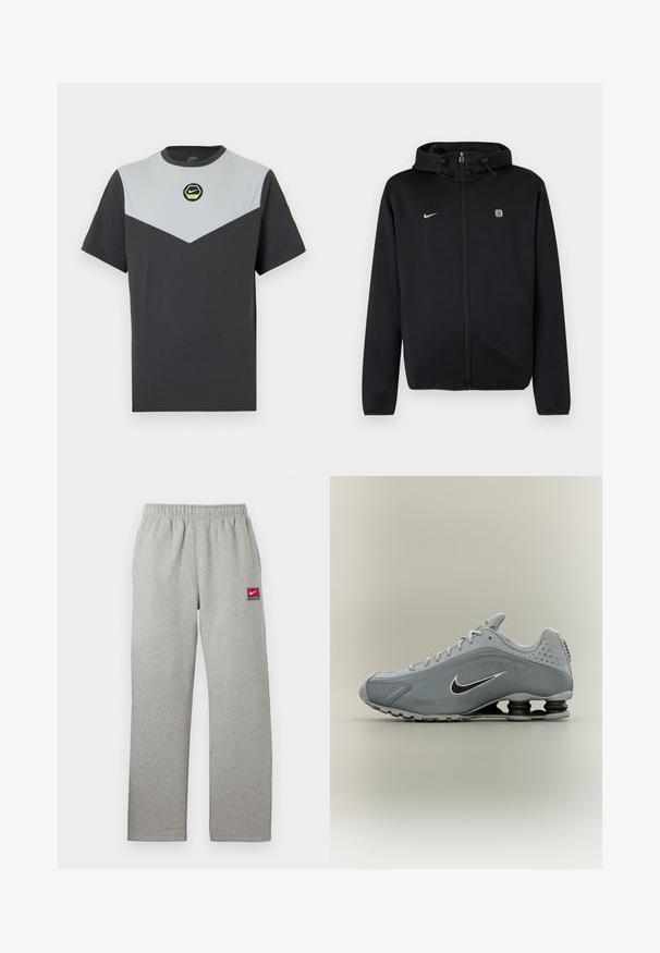 Sort lynlåshoodie med snøre på hætten, Nike-logo på venstre bryst og et lille firkantet emblem på højre bryst.; Kortærmet Nike T-shirt i mørkegrå og lysegrå med et chevron-design, cirkulært logo i grøn og kontrasterende neon accenter ved skuldrene.; Grå joggingbukser med elastisk talje, lige snit og et lille rødt og hvidt Nike-logo på venstre side. Blød tekstur.; Grå Nike sportssko med sort og hvid Swoosh-logo, snørelukning og unik fjederlignende støddæmpning i hælområdet på sålen.