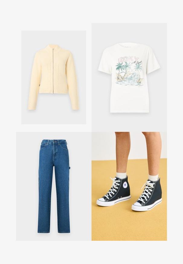 Flødefarvet strikket cardigan med lynlås, lange ærmer, en ribbet høj krave og diskrete lodrette perforerede mønstre.; Hvid T-shirt med et tropisk motiv af palmer, havets bølger og teksten "ROXY with heart" i pastel farver på fronten.; Blå denimjeans med lige ben, høj talje, synlige syninger og design med fem lommer. Teksturen er glat og en smule slidt.; Høje sneakers i mørkeblåt kanvas med hvide gummisåler, snørebånd og detaljer. Har et rundt logo og hvide syninger.
