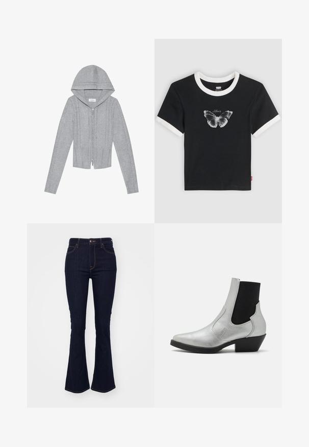 Lys grå zip-up hættetrøje med hætte, prydet med kabelstrik mønstre, ribbede kanter og manchetter samt en glat tekstur. Perfekt til lag-på-lag.; Sort t-shirt med korte ærmer og hvid halsudskæring samt ærmekanter. Har et sommerfuglegrafik og "Levi's" tekst i midten. Bomuldsstof.; Mørkeblå, vide jeans lavet af denim, med høj talje, fem-lomme design og kontrasterende orange syninger langs sømmene.; ONLY SHOES ONLBRONCO SHORT - Cowboy- / bikerstøvlette - silver