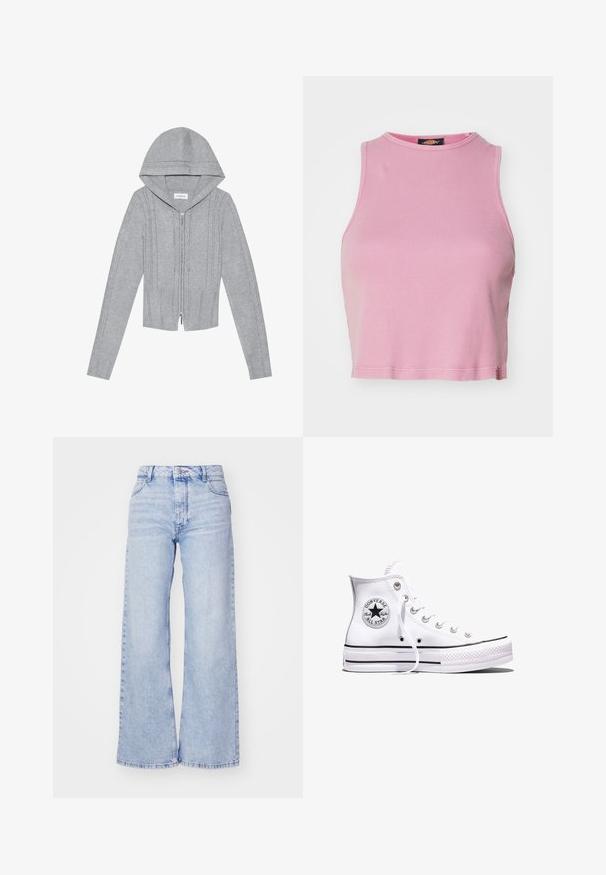 Lys grå zip-up hættetrøje med hætte, prydet med kabelstrik mønstre, ribbede kanter og manchetter samt en glat tekstur. Perfekt til lag-på-lag.; Rosa ribbet crop top med rund halsudskæring og ærmeløs design. Har en kant, der slutter lige over taljen.; Roxy MILLA - Wide leg - glacier; Hvid Converse Chuck Taylor All Star højt snøresko med sorte striber og logoemblem på siden, vist mod en ensfarvet hvid baggrund.