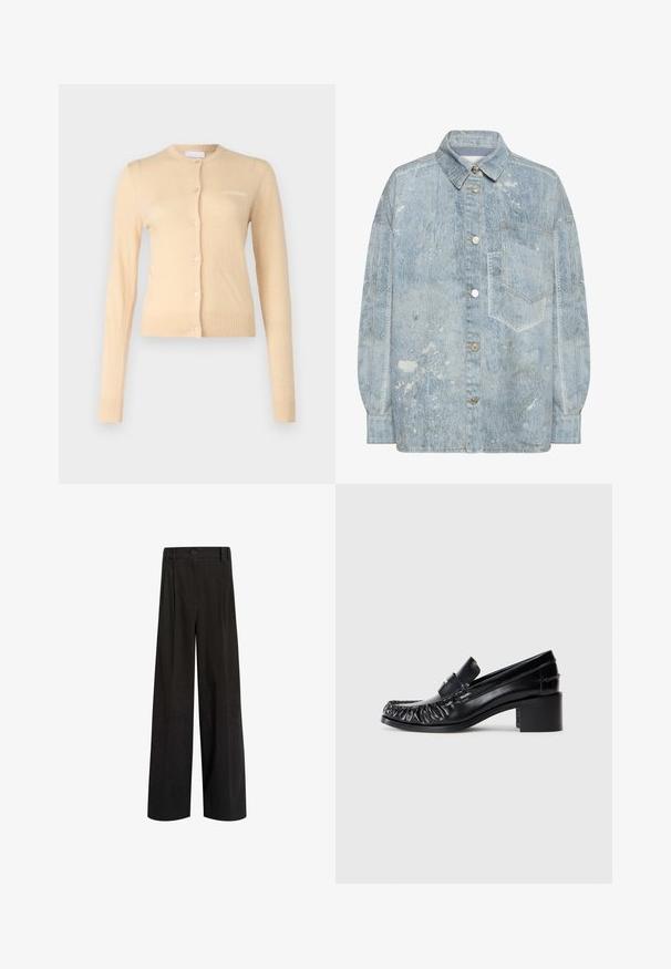 Beige cardigan lavet af blødt materiale, med rund halsudskæring, knaplukning foran og ribbede manchetter og kant. Lille logo på brystet.; Lyseblå denim-skjortejakke med spids krave, knaplukning foran, enkelt brystlomme og en let oversize pasform.; Sorte højtaljede vidde bukser med bæltestropper, en frontknaplukning og subtil lodret struktur.; Sorte læder loafers med en bølget front, rund tå og en blokhælc. Har et dekorativt bånd og syninger langs kanterne.