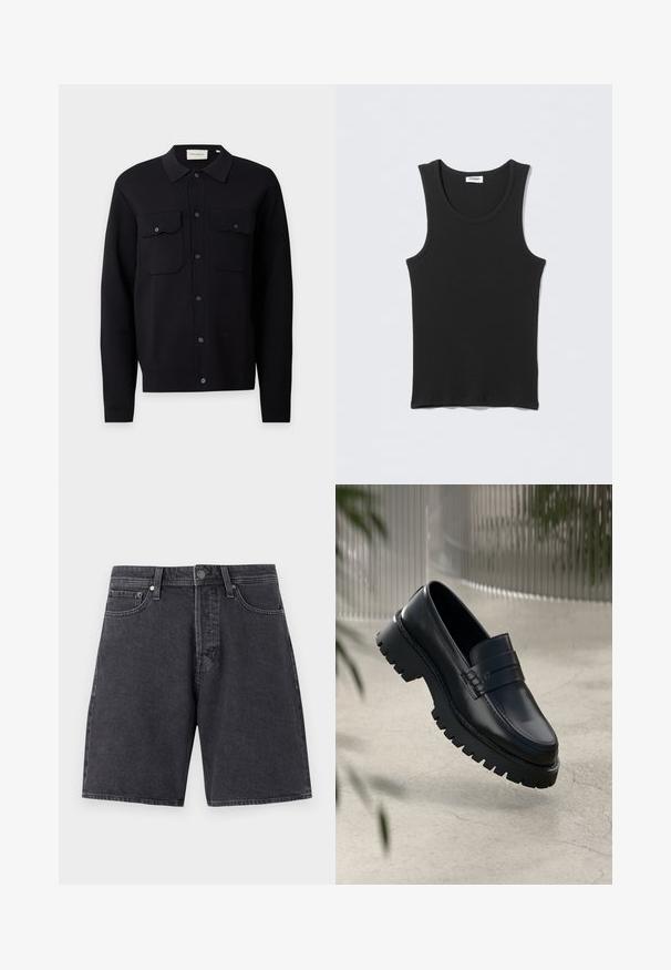 Sort langærmet skjorte med knapper og krave samt to knaplommer på brystet foran, vist på en ensfarvet lys baggrund.; Sort ærmeløs ribstrikket tanktop med rund halsudskæring, fladt lagt på lysegrå baggrund. Etiket med teksten "WEEKDAY."; Mørkegrå denimshorts med lige snit. Funktioner inkluderer to frontlommer, en baglomme og en metalknaplukning.; Sorte læder loafers med en chunky sål, der har en dekorativ rem og syninger. Glat tekstur med en poleret overflade.