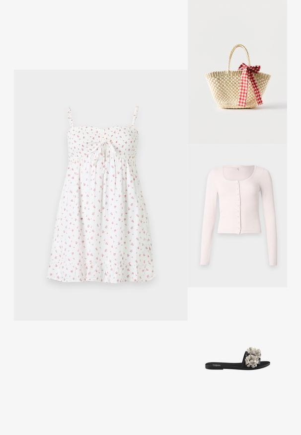 Top rosa claro de manga larga ajustada con escote cuadrado, textura acanalada y cierre delantero con botones pequeños y redondos.; Vestido de verano blanco sin mangas con tirantes finos, pequeño estampado floral rosa, corpiño fruncido, lazo en el delantero y bajo con volantes.; Sandalia negra de plataforma con tres apliques florales texturizados en blanco en la parte superior. El diseño tiene una suela plana y punta abierta.; Bolso tote de paja tejido con asas trenzadas y un lazo de cinta a cuadros rojos y blancos atado a un lado.