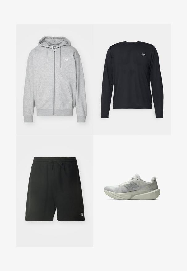 Lys grå fuld-zip hættetrøje med snore, to forlommer, ribstrikkede manchetter og kant, samt lille hvidt New Balance-logo på brystet.; Sort langærmet atletisk skjorte lavet af tekstureret stof med subtile perforeringer. Har et lille reflekterende logo på venstre bryst.; Sorte bomulds sportsbukser med elastisk talje, justerbar snøre og logo detajle på nederste venstre ben. Glat tekstur.; Lysegrå atletiksko med tyk, skulptureret sål og mønstret overdel, med et stiliseret "N" logo på siden.